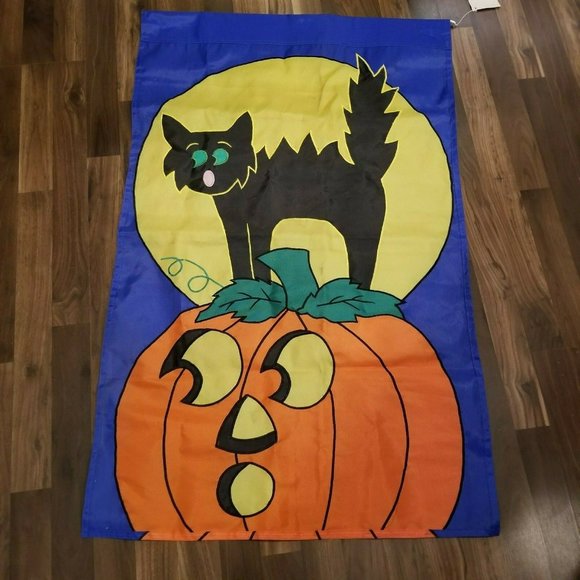 Vintage HALLOWEEN Jack O Lantern BLACK CAT Full Moon Garden Flag NWT House Decor - Picture 6 of 12